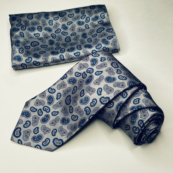 Gray Paisley Necktie and Matching Pocket Square - Picture 1 of 9